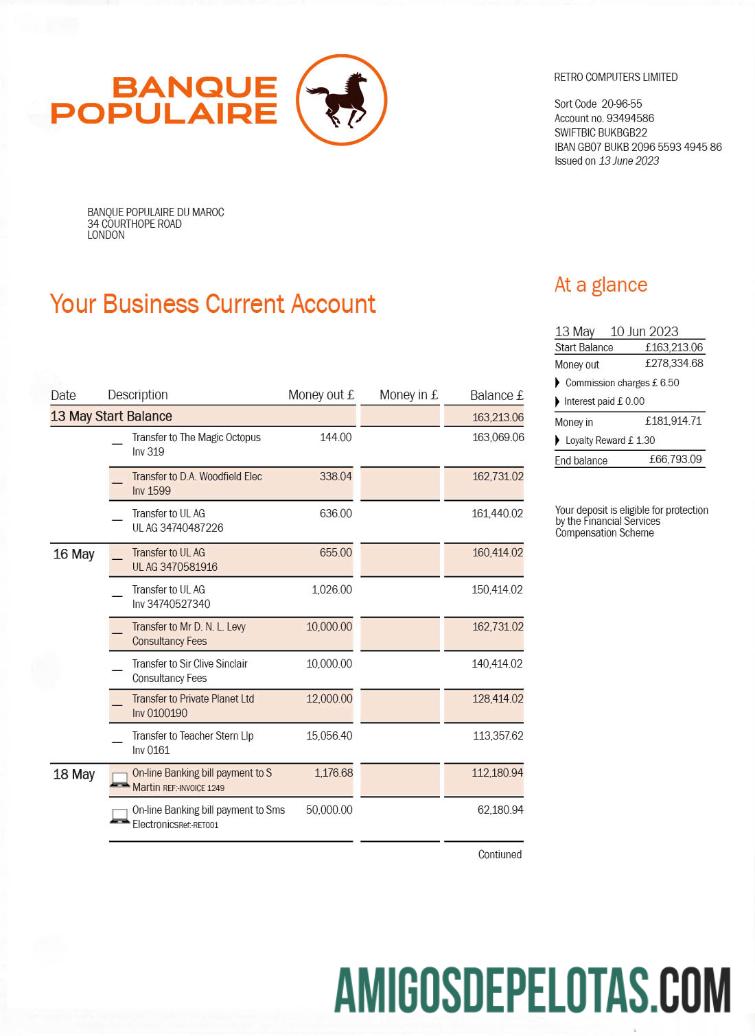 BANQUE Populaire Du Maroc Extrato bancário amostra